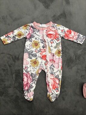 Sweet Magnolia - Floral Lace-Trim Footed One-Piece - Pink, Yellow & Gray